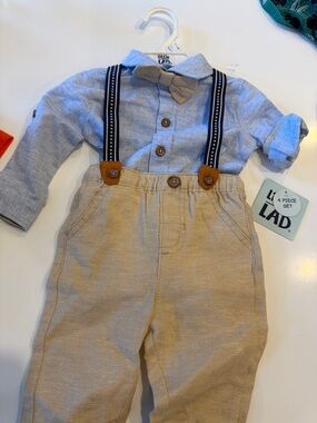 NWT Little Lad Boys Beige and Light Blue Matching Set with Suspenders